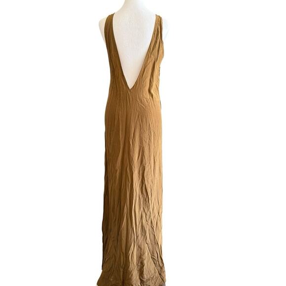 Acacia S Silk Brown Bronze Sardinia Maxi Dress Cut Out Plunge Back Flowy Rare - Picture 3 of 12